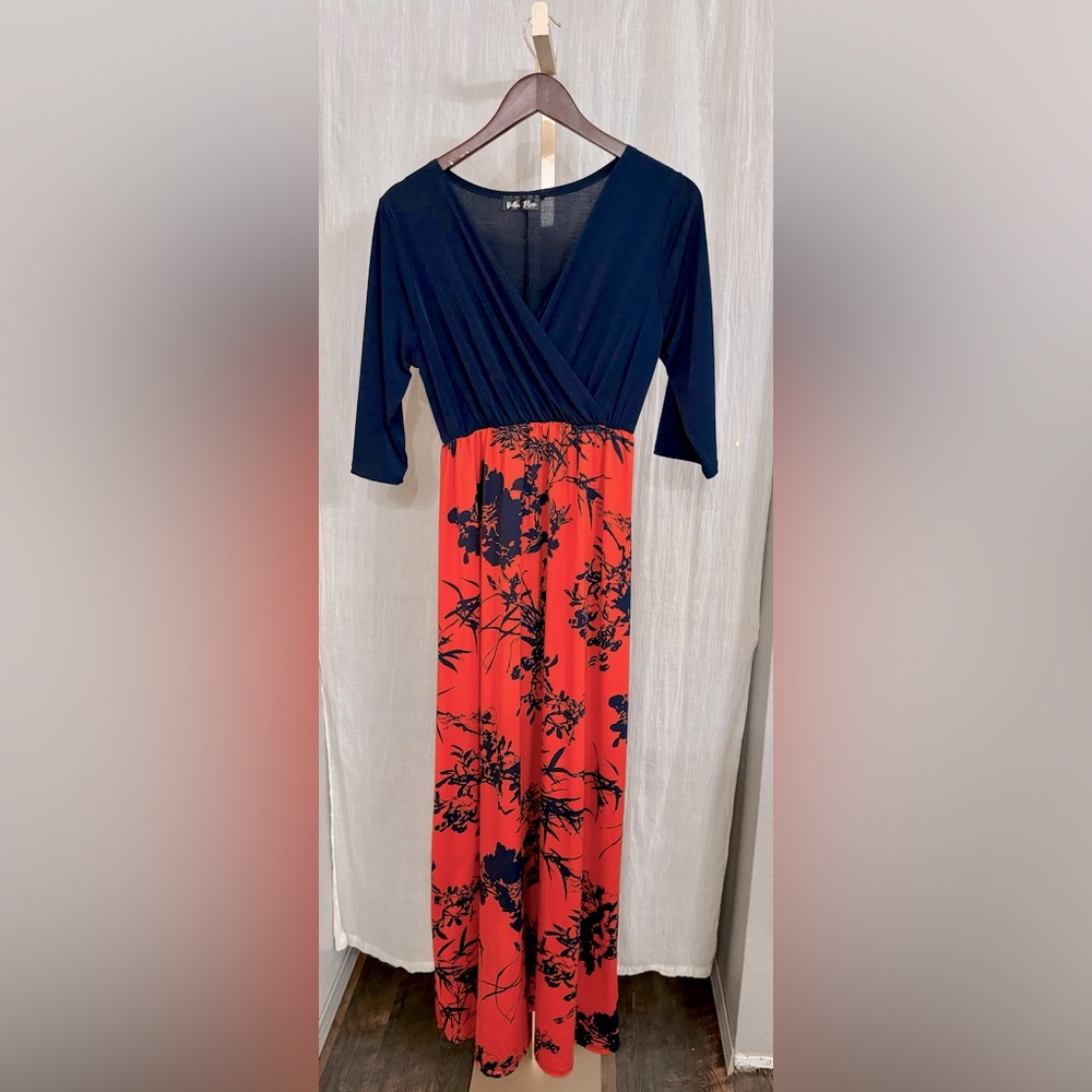 Navy and coral floral maxi dress with wrap top and 3/4 sleeves, size medium
